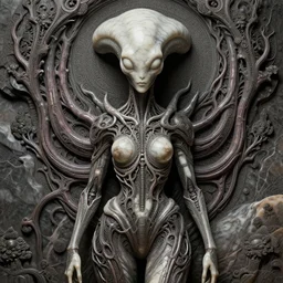 happy female alien, tubular creature, blood vesels, no face, dystopian surrealism, artstyle alex ries zdzisław beksinski, symmetry accurate features, very intricate details, hres, 4 k, naraka buddhist demon korean female, symmetrical long head, smooth marble surfaces, detailed ink illustration, metal gear, cinematic smooth stone, deep aesthetic, concept art, post process, carved marble texture silk cloth, latex skin, highly ornate intricate details, in the style of 8 8 grzes