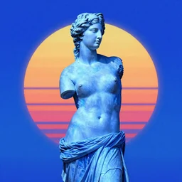 Venus de Milo dressed in blue clothes against retrowave sun in blue tint, vaporwave style,