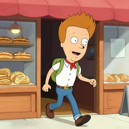 beavis and butthead happily exiting a bakery called french hot bread in cartoon style