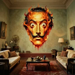 a giant face made of blood and fire floats through the living room, film still from the movie directed by Denis Villeneuve with art direction by Salvador Dalí, wide lens