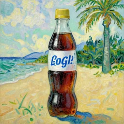 cola bottle, beach, palme, painting by van gogh