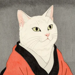 a Ukiyo-e portrait of a white cat looking up