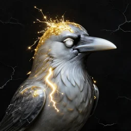 full head and shoulders, beautiful porcelain raven, large electrical gold sparks, glowing lightening, smooth, delicate facial features, white detailed eyes, white lashes, cracking on black background, by daniel arsham and james jean