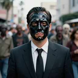 sharp portrait of a man in a suit with a face made of black shiny leather standing in los angeles, blured crowd of zombies on a background, bokeh, detailed, film photography, kodak portra 4 0 0, mamiya,