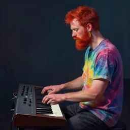 side profile concept art by thomas blackshear and hsiao ron cheng of a red bearded man with wood earrings playing a synthesizer, tie dye, volumetric lighting matte painting, by artgerm, lawren harris, eve ventrue, magali villeneuve, jeremy lipkin, rob rey, christophe vacher