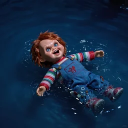 screaming chucky doll swimming in deep blue murky water
