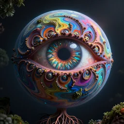 fractal with abstract designs deep colorful sphere, eye, concept art, nature, deep rivers, planet, fractals, depth of field, roots, fluid simulation in houdini, subsurface scattering, vray octane render, cgsociety