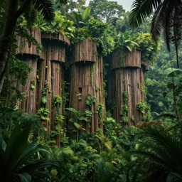 tropical jungle, wall wood fortress, Photorealistic, plants environment, wide angle, establishing shot, cinematic lighting, atmospheric, realistic, octane render, highly detailed, color graded, matte painting in the style of craig mullins
