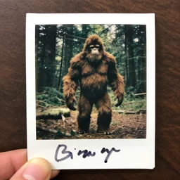 photograph of bigfoot captured in forest on polaroid camera, signed by bigfoot in sharpie