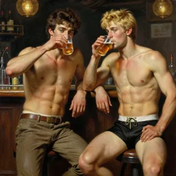 attractive muscular male with brunet hair and attractive muscular male with blond hair. pants and shorts, drinking their hearts out, in a pub. very defined and detailed painting by j. c. leyendecker, gaston bussiere, craig mullins 8 k