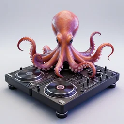 3d render of an octopus DJing with DJ turntables, photoreal, unreal