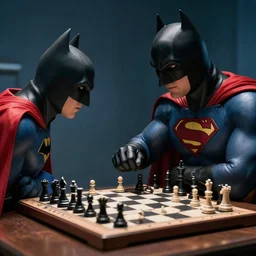 batman plays chess with superman, photorealistic