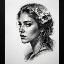 tattoo design sketch of a beautiful woman face with an amazing mountain scenery on her side, hyper - realistic, double exposure, in the style of matteo pasqualin, amazing detail, black and white, faded