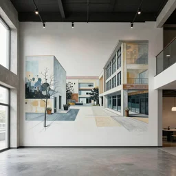 A modern loft with a mural painted on the wall, the mural is an abstract painting, beautiful architecture, very detailed and realistic,