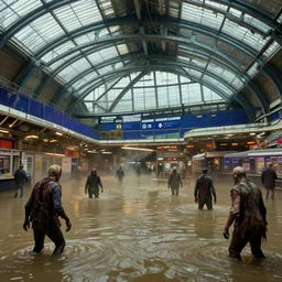 zombie apocalypse at flooded victoria station in london, detailed concept art in the style of naughty dog, greg rutkowski, craig mullins, trending on artstation