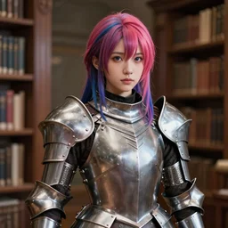 a masterpiece ultrarealistic ultradetailed photograph of a lifelike real anime girl that is dressed in steel plate armor, vibrant dyed hairs, skin texture, inside a library, photoreal image, art by wlop, photoreal, highly rendered, blender, unreal engine, readable, extremely detailed, trending on artstation, sharp focus, 4 k, by artgerm
