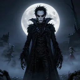 full shot portrait of angry darkness creature as at moonlight, gothic wearing, inspired by Tim Burton, Norihiro Yagi, Marc Simonetti, Amano, Juri Misaki, detailed, unreal engine 4k volumetric light, fog,