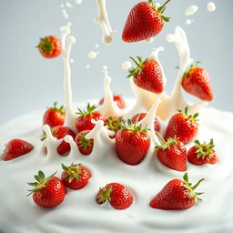 many strawberries falling in white milk, thick milk splashes, advertising photo, highspeed photo, studio lighting