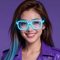 closeup painting of a very beautiful young mexican cyberpunk woman with a smile, light blue neon glasses on her face, and a purple coloured leather jacket, one side haircut, long brown hair with light blue ends, portrait, hyperdetailed, cgsociety, synthwave by tangerine dream, by jean - michel jarre, by vangelis, by john carpenter