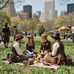people having a picnick in a city park on a clear day, in steampunk style
