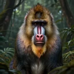 a portrait of a mandrill, jungle, deep focus, d & d, fantasy, intricate, elegant, highly detailed, digital painting, artstation, concept art, matte, sharp focus, illustration, hearthstone, art by artgerm and greg rutkowski and alphonse mucha