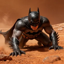 batman crawling on mars,  reaching towards camera viewpoint, viewpoint is to front and left, best on artstation, cgsociety, cosmic, epic, stunning, gorgeous, digital airbrushed art with fine details, masterpiece by Chris Moore and Jim Burns