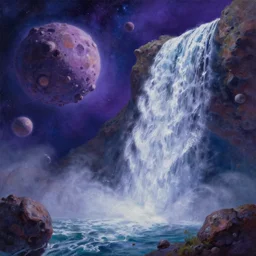 waterfall in asteroid field, purplish blueish space in background, ultra detailed, high quality, artstation award winner, oil painting, digital painting, photorealistic, 8k, vibrant, ultra detailed water