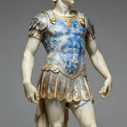 polished marble gladiator in armour statue by michelangelo buonarroti, covered in blue color paint stains, partially gold plated marble statue, ultra - detailed flash studio photograph