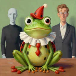 The Clown Frog King welcomes you Clown World, painting by Robert Crumb, René Magritte and Ralph McQuarrie, high detail