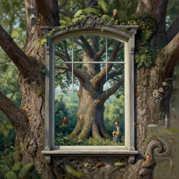 image of a window in the side of a large tree, by igor zenin, andreas rocha and mark ryden : : highly intricate, sophisticated and complex, center framed, digital painting, concept art, hyperrealism, cinema 4 d, 8 k resolution, 6 4 megapixels, cgsociety, zbrush central, behance hd, hypermaximalist, a masterpiece, parallax