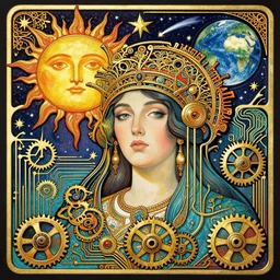 steampunk art nouveau portrait of a sun and moon and stars and a comet and the planet earth, rich bright colors, intricate, ornate, circuitry, gears, carved, extremely hyperdetailed, art deco, four color, sharp focus