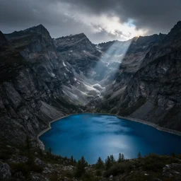 a beautiful ethereal mountain scene with a blue lake by daniel kordan, photo realism, dark moody color palate,