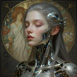 an ultra realistic beautiful cyborg woman with eyes-closed, sci-fi, cyberpunk, intricate details, elegant, highly detailed, photorealistic, digital painting, octane render, concept art, eerie, 8k, art by artgerm and greg rutkowski and alphonse mucha
