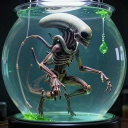 a humanoid xenomorph floating in a circular glass tank, nerves caress the bones of the being, one eye, suspended, green liquid, attached to tubes and cables, hyper real, hyperrealistic, realistic, real, amazing detail, clear image, high octane render, anatomically correct, creepy