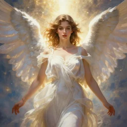 an portrait of a beautiful alluring female angel in heaven with infinite light, detailed, centered, digital painting, artstation, concept art, donato giancola, Dante Gabriel Rossetti, alphonse mucha, Joseph Christian Leyendecker, WLOP, Boris Vallejo, Annie Leibovitz and Steve McCurry, David Lazar, Jimmy Nelsson, Breathtaking, 8k resolution, extremely detailed, beautiful, establishing shot, artistic, hyperrealistic, beautiful face, octane render