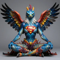 a portrait photograph of a meditating fierce sadie sink as a colorful harpy hawk super hero with blue spotted slimy skin with scales. her body is transforming into a amphibian beast. by donato giancola, hans holbein, walton ford, gaston bussiere, peter mohrbacher and brian froud. 8 k, cgsociety, fashion editorial