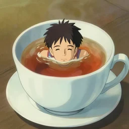 a man swimming in a cup of tea in the style of myazaki