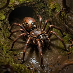 mechanical steampunk spider in a large dimly lit mossy, wet sewer, ultra detailed digital art, fine drawing, grunge, hyper real, 4 k, moody lighting, warm colors, shaded