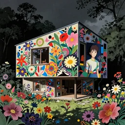 ( ( gediminas pranckevicius ) ) house by kengo kuma, art by syd mead, malevich and makoto shinkai, very coherent, sharp, colorful contrast, dark shadows, floralpunk flower garden, inking etching screen print paper cutout collage