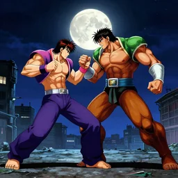 picard fighting akuma from street fighter 2 at night with a full moon low in the sky