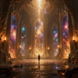 vast otherworldly cast hall containing glimmering portals to other galaxies, torches on cave walls, high sci - fi fantasy, cryengine 8 k render, concept art by world of warcraft mass effect dnd overwatch dark souls, moody lightning, warm!!!! color palette
