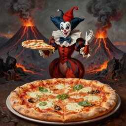 a highly detailed pulcinella! with a pizza! margherita, full body, volcano in background, lava and smoke, ominous, detailed painting by arturo faldi, trending on deviantart, octane, masterpiece
