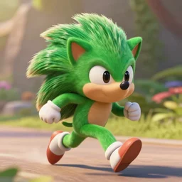 a green anthropomorphic hedgehog running, cinematic shot,in the style of Pixar, shallow depth of focus