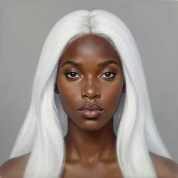 a detailed matte oil on canvas head on symmetrical portrait of black skinned woman with long white hair, clothed by charlie bowater, lise deharme, wlop, trending on artstationhd, dungeons and dragons art critical role