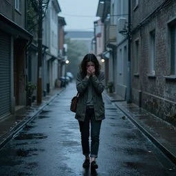a picture of a lonely sad sobbing person walking along a narrow street, the street is surrounded by tall buildings, realistic, sad mood, rain, at dusk, frog perspectief