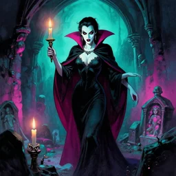 carmilla vampire, gothic horror, by frank frazetta, candlelit catacombs, vibrant colors, teal and magenta