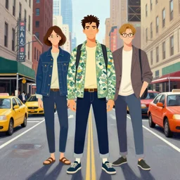 busy road in new york, by petros afshar, takashi murakami, anton fadeev, will barnet, beautiful graphic full body portrait, illustrated advertising art, painterly character design