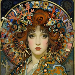 realistic detailed face portrait of an elaborately dressed beautiful lionfish geisha with coral reef hair by alphonse mucha, ayami kojima, amano, charlie bowater, karol bak, greg hildebrandt, jean delville, and mark brooks, art nouveau, neogothic, gothic, rich deep moody colors, coral reef by ernst haeckel, character concept design