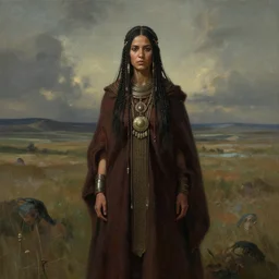 portrait, exotic shaman priestess, landscape, alex ross, david finch, concept art, matte painting, highly detailed, rule of thirds, dynamic lighting, cinematic, detailed, denoised, centerd