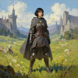 a warrior girl with short black hair wearing a gray cloak and boots standing in a meadow with medieval fantasy landscape, digital art, oil on canvas, by andreas rocha, by greg rutkowski, trending on artstation, 4k, vibrant colors